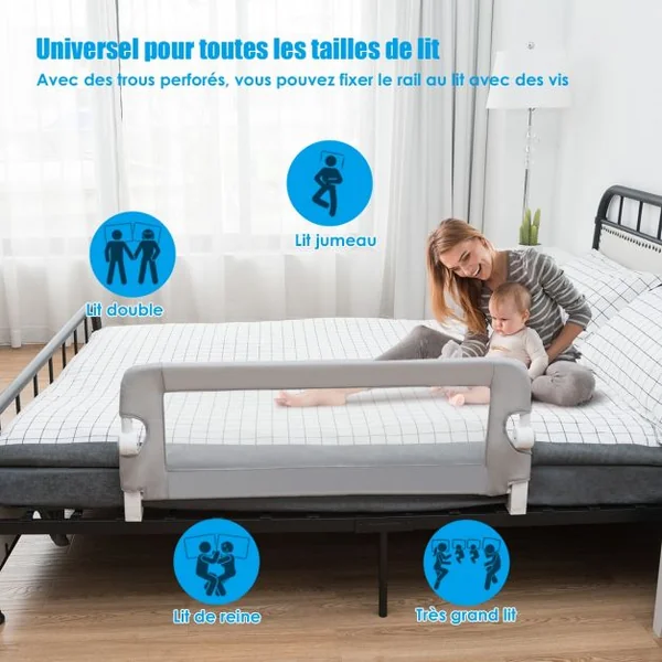 Barrière de Lit Pliable pour Bébé / Enfant Angle 0°-180° avec Mousse Souple en Tissu Oxford Fer PP 105x40x42cm Gris