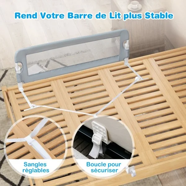 Barrière de Lit Pliable pour Bébé / Enfant Angle 0°-180° avec Mousse Souple en Tissu Oxford Fer PP 105x40x42cm Gris