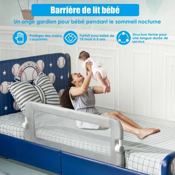 Barrière de Lit Pliable pour Bébé / Enfant Angle 0°-180° avec Mousse Souple en Tissu Oxford Fer PP 105x40x42cm Gris
