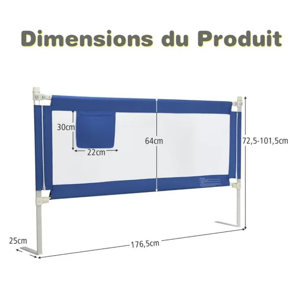 Barrière de Lit pour Bébé de 176,5 cm Garde-corps de Lit pour Bébé Coton Anticollision Poche Latérale 24 Hauteurs Réglables Bleu