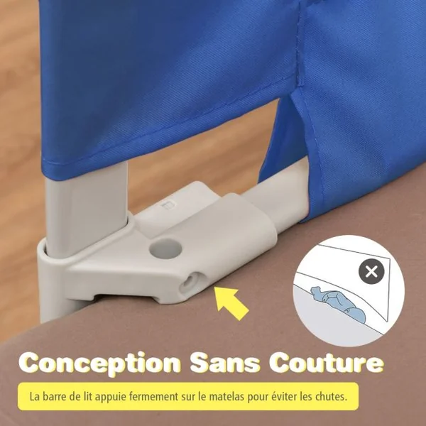 Barrière de Lit pour Bébé de 176,5 cm Garde-corps de Lit pour Bébé Coton Anticollision Poche Latérale 24 Hauteurs Réglables Bleu