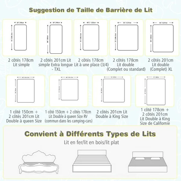 Barrière de Lit pour Bébé de 176,5 cm Garde-corps de Lit pour Bébé Coton Anticollision Poche Latérale 24 Hauteurs Réglables Bleu