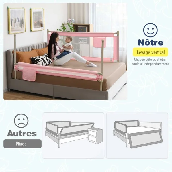 Barrière de Lit pour Bébé de 176,5 cm Garde-corps de Lit pour Bébé Coton Anticollision Poche Latérale 24 Hauteurs Réglables Rose