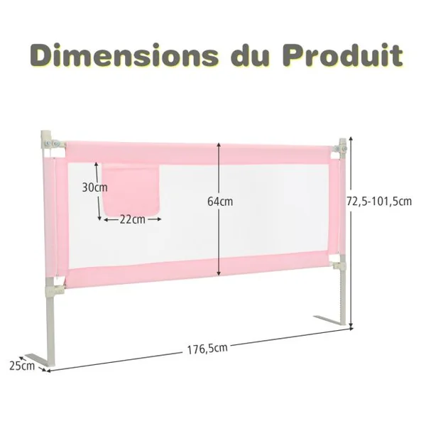 Barrière de Lit pour Bébé de 176,5 cm Garde-corps de Lit pour Bébé Coton Anticollision Poche Latérale 24 Hauteurs Réglables Rose