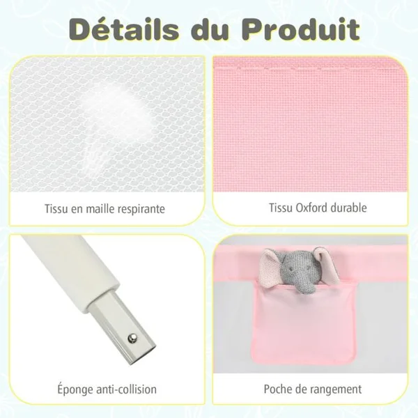 Barrière de Lit pour Bébé de 176,5 cm Garde-corps de Lit pour Bébé Coton Anticollision Poche Latérale 24 Hauteurs Réglables Rose