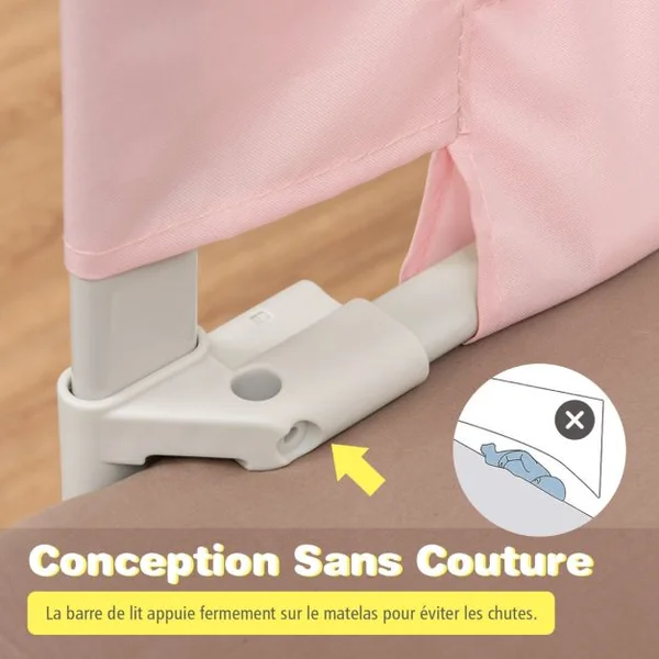 Barrière de Lit pour Bébé de 176,5 cm Garde-corps de Lit pour Bébé Coton Anticollision Poche Latérale 24 Hauteurs Réglables Rose