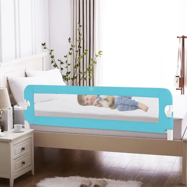 Barrière de Lit pour Enfant / Bébé 150 CM Maillage Rabattable et Portable Protection Bord de Lit Bleu