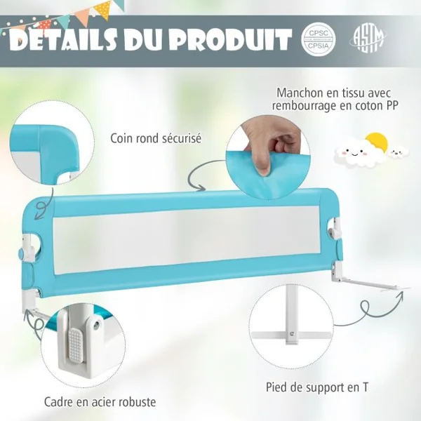 Barrière de Lit pour Enfant / Bébé 150 CM Maillage Rabattable et Portable Protection Bord de Lit Bleu