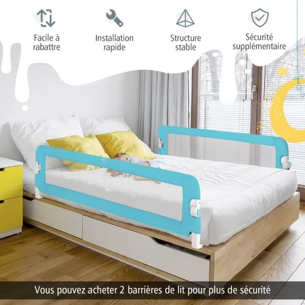 Barrière de Lit pour Enfant / Bébé 150 CM Maillage Rabattable et Portable Protection Bord de Lit Bleu