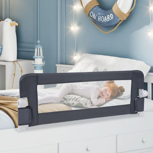 Barrière de Lit pour Tout-petit avec Sangles Réglables Manchon en Tissu Amovible et Lavable pour Matelas Double Pleine Grandeur Blanc/Gris