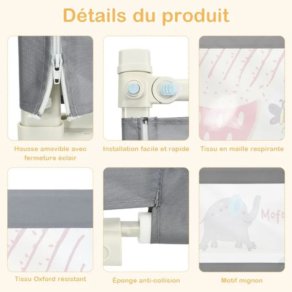 Barrière de Lit Rail de Lit de Sécurité pour Tout-Petits Réglable en Hauteur 72,5 -101,5cm Gris Foncé