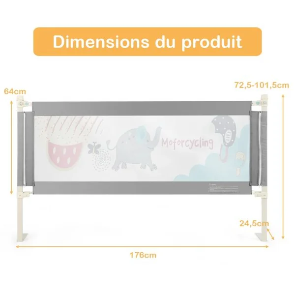 Barrière de Lit Rail de Lit de Sécurité pour Tout-Petits Réglable en Hauteur 72,5 -101,5cm Gris Foncé