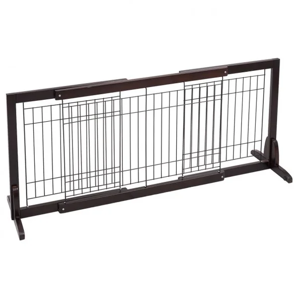Barrière de porte modulable Barrière de sécurité pour animaux, en bois de pin et fer, 97-161x32x53cm, Marron