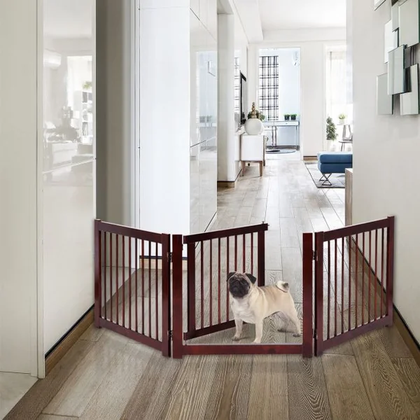 Barrière de porte pliable pour chien Barrière de sécurité pivotante pour animaux en bois de pin 206x1,8x61cm Marron/Blanc