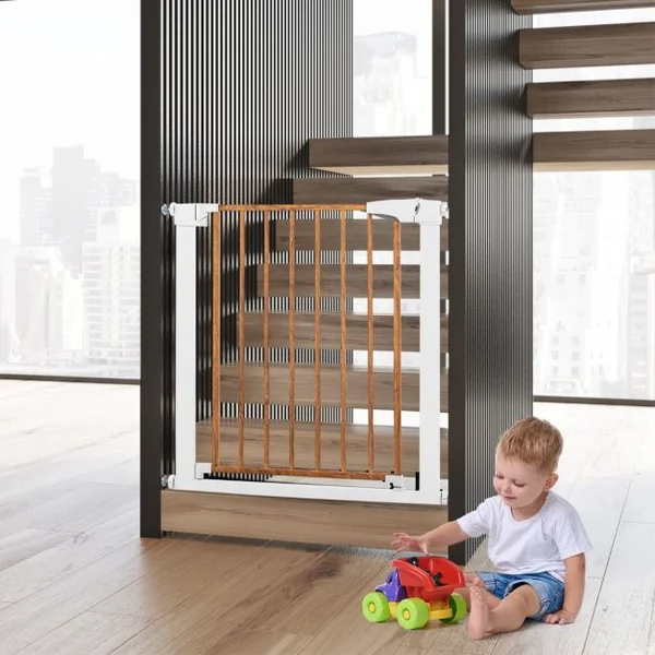 Barrière de Sécurité Bébé Extensible 75-81cm à Fermeture Automatique Barrière d'Escalier à Fixation par Pression Sans Percage Ouverture à une Main Blanc