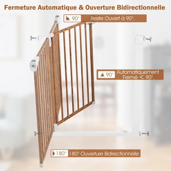 Barrière de Sécurité Bébé Extensible 75-81cm à Fermeture Automatique Barrière d'Escalier à Fixation par Pression Sans Percage Ouverture à une Main Blanc