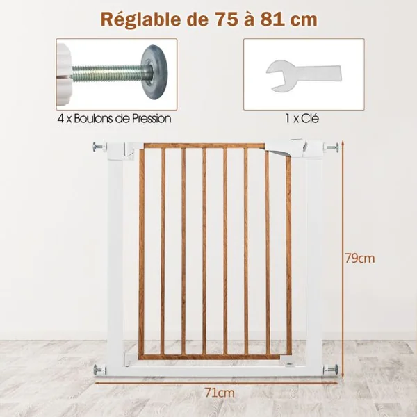 Barrière de Sécurité Bébé Extensible 75-81cm à Fermeture Automatique Barrière d'Escalier à Fixation par Pression Sans Percage Ouverture à une Main Blanc