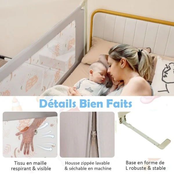 Barrière de Sécurité de Lit Bébé Portable 150CM Hauteur Réglable Soulèvement Vertical Double Verrou de Sécurité Gris Vert