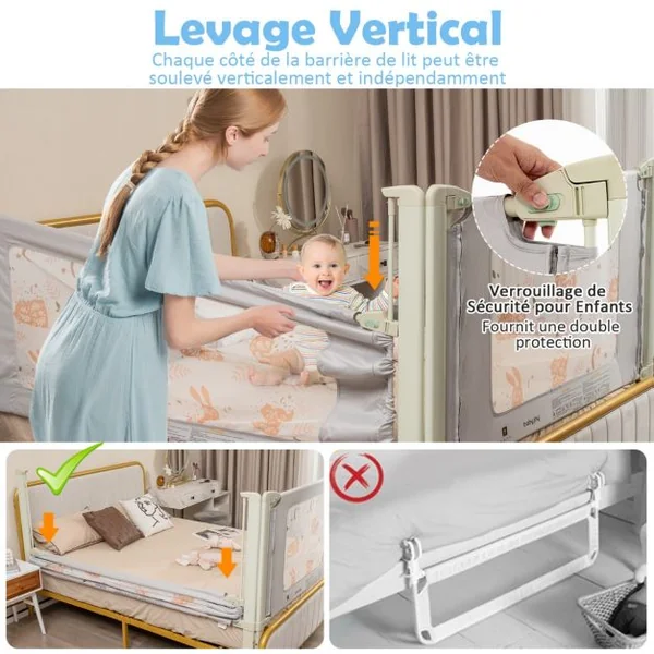 Barrière de Sécurité de Lit Bébé Portable 150CM Hauteur Réglable Soulèvement Vertical Double Verrou de Sécurité Gris Vert