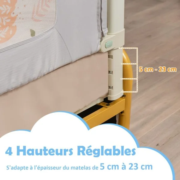 Barrière de Sécurité de Lit Bébé Portable 150CM Hauteur Réglable Soulèvement Vertical Double Verrou de Sécurité Gris Vert