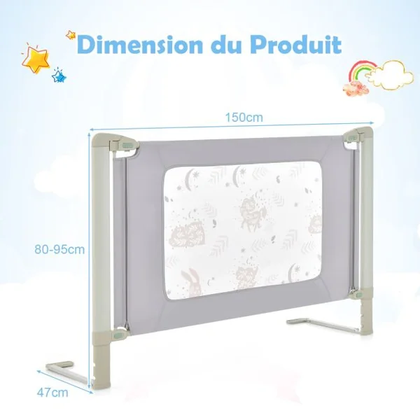 Barrière de Sécurité de Lit Bébé Portable 150CM Hauteur Réglable Soulèvement Vertical Double Verrou de Sécurité Gris Vert