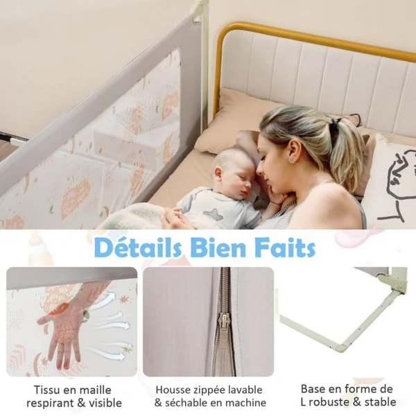 Barrière de Sécurité de Lit Bébé Portable 180CM Hauteur Réglable Soulèvement Vertical Double Verrou de Sécurité Gris