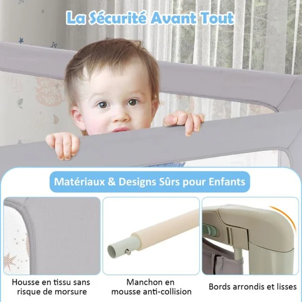 Barrière de Sécurité de Lit Bébé Portable 180CM Hauteur Réglable Soulèvement Vertical Double Verrou de Sécurité Gris