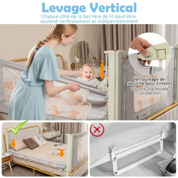 Barrière de Sécurité de Lit Bébé Portable 180CM Hauteur Réglable Soulèvement Vertical Double Verrou de Sécurité Gris
