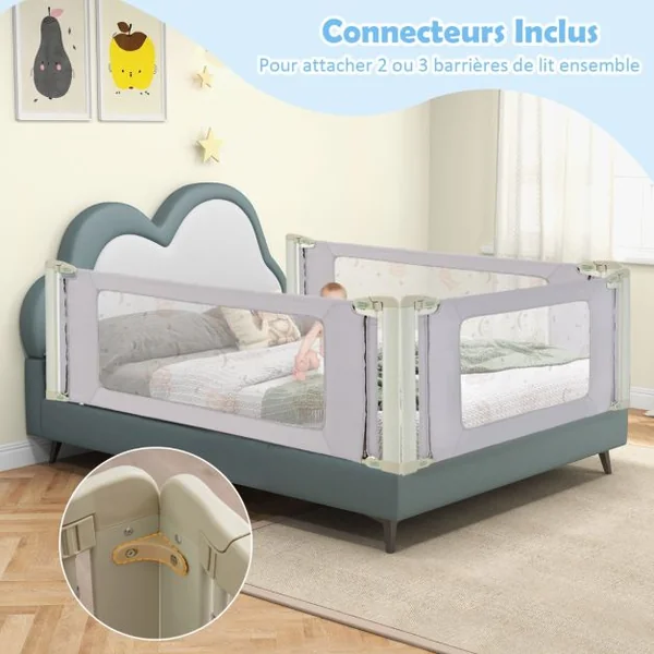 Barrière de Sécurité de Lit Bébé Portable 180CM Hauteur Réglable Soulèvement Vertical Double Verrou de Sécurité Gris