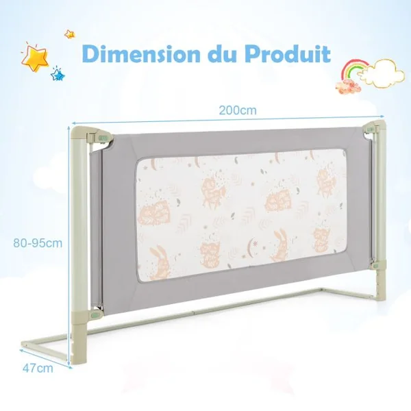 Barrière de Sécurité de Lit Bébé Portable 180CM Hauteur Réglable Soulèvement Vertical Double Verrou de Sécurité Gris