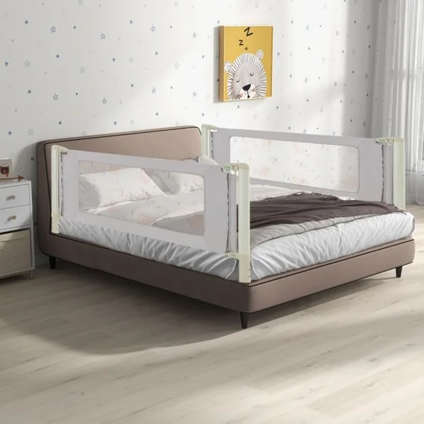 Barrière de Sécurité de Lit Bébé Portable 180CM Hauteur Réglable Soulèvement Vertical Double Verrou de Sécurité Gris Clair
