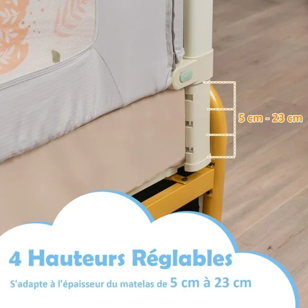 Barrière de Sécurité de Lit Bébé Portable 180CM Hauteur Réglable Soulèvement Vertical Double Verrou de Sécurité Gris Clair