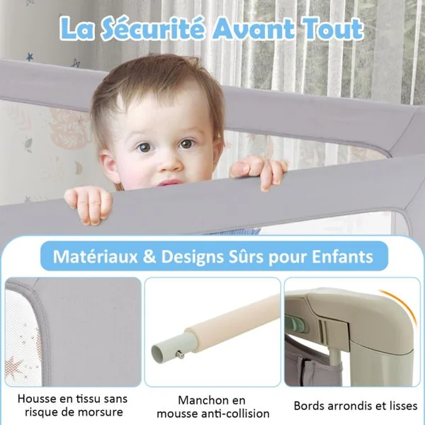 Barrière de Sécurité de Lit Bébé Portable 180CM Hauteur Réglable Soulèvement Vertical Double Verrou de Sécurité Gris Clair