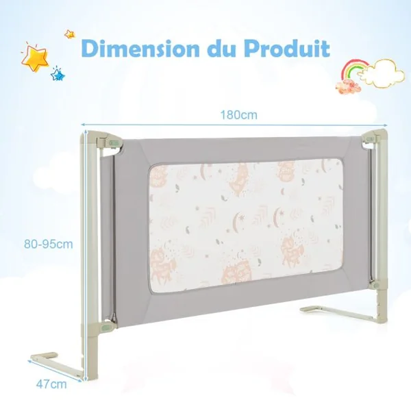 Barrière de Sécurité de Lit Bébé Portable 180CM Hauteur Réglable Soulèvement Vertical Double Verrou de Sécurité Gris Clair