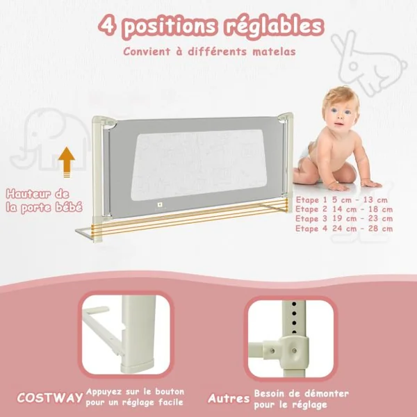 Barrière de Sécurité de Lit Bébé Portable 200CM Hauteur Réglable Soulèvement Vertical Double Verrou de Sécurité Gris