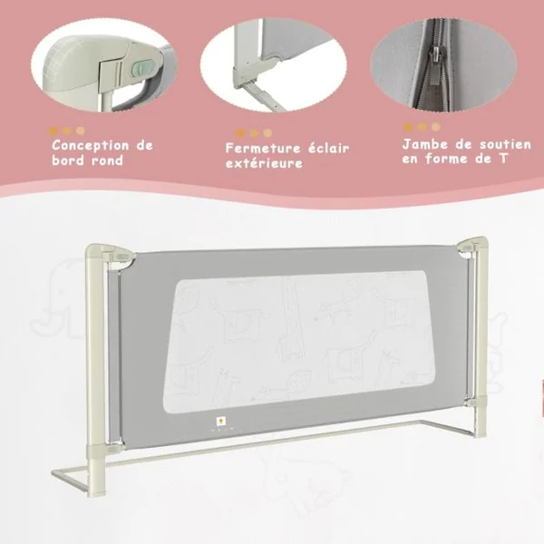 Barrière de Sécurité de Lit Bébé Portable 200CM Hauteur Réglable Soulèvement Vertical Double Verrou de Sécurité Gris