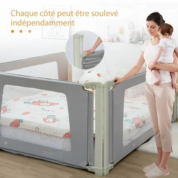 Barrière de Sécurité de Lit Bébé Portable 200CM Hauteur Réglable Soulèvement Vertical Double Verrou de Sécurité Gris