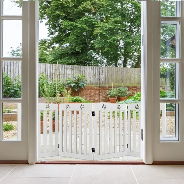Barrière de Sécurité en Bois pour Chiens avec Charnières Flexibles à 360° et 4 Panneux 60CM Blanc/Marron