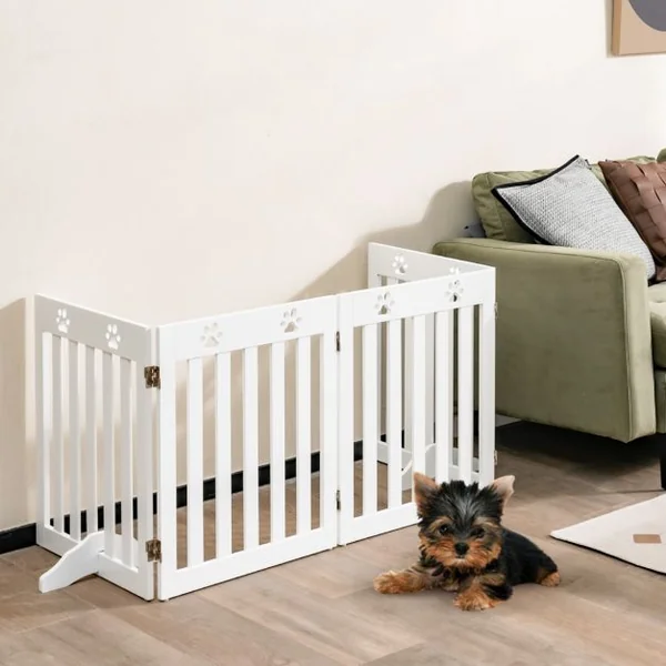 Barrière de Sécurité en Bois pour Chiens avec Charnières Flexibles à 360° et 4 Panneux 60CM Blanc/Marron