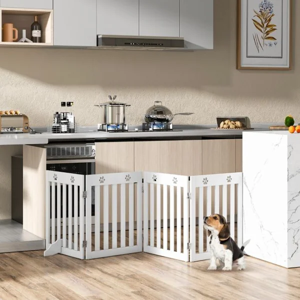 Barrière de Sécurité en Bois pour Chiens avec Charnières Flexibles à 360° et 4 Panneux 60CM Blanc/Marron