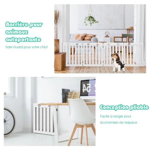 Barrière de Sécurité en Bois pour Chiens avec Charnières Flexibles à 360° et 4 Panneux 60CM Blanc/Marron