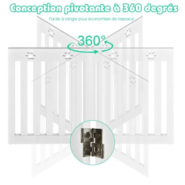 Barrière de Sécurité en Bois pour Chiens avec Charnières Flexibles à 360° et 4 Panneux 60CM Blanc/Marron