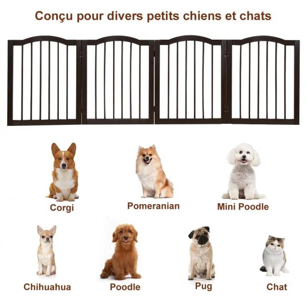 Barrière de Sécurité pour Animaux Barrière pour Chien 4 Panneaux Facile à Installer en Bois de Pin 204x1,7x61cm Marron