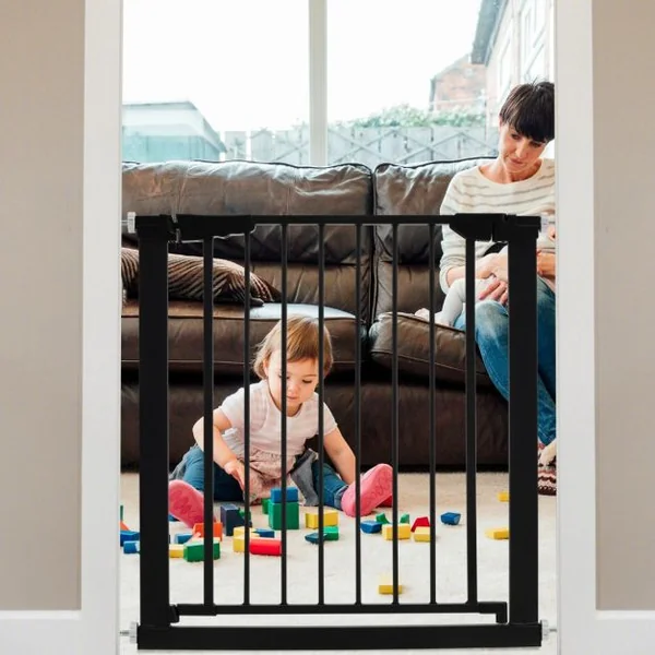 Barrière de Sécurité pour Bébé/Animaux Longueur Extensible 76-82,5cm Fermeture Automatique Métal Montage sous Pression Blanc Noir