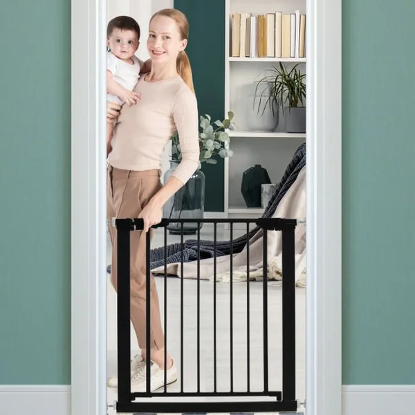 Barrière de Sécurité pour Bébé/Animaux Longueur Extensible 76-82,5cm Fermeture Automatique Métal Montage sous Pression Blanc Noir