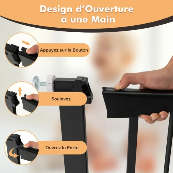Barrière de Sécurité pour Bébé/Animaux Longueur Extensible 76-82,5cm Fermeture Automatique Métal Montage sous Pression Blanc Noir