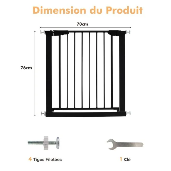 Barrière de Sécurité pour Bébé/Animaux Longueur Extensible 76-82,5cm Fermeture Automatique Métal Montage sous Pression Blanc Noir