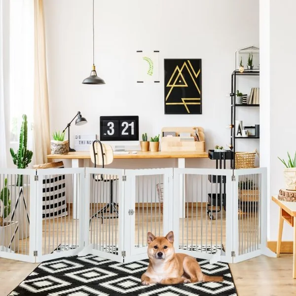 Barrière de Sécurité pour Chien à 6 Panneaux en Acier Inoxydable Parc Pliable de 366CM de Large avec Porte Verrouillable Blanc