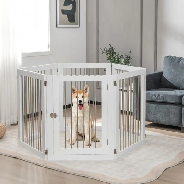 Barrière de Sécurité pour Chien à 6 Panneaux en Acier Inoxydable Parc Pliable de 366CM de Large avec Porte Verrouillable Blanc