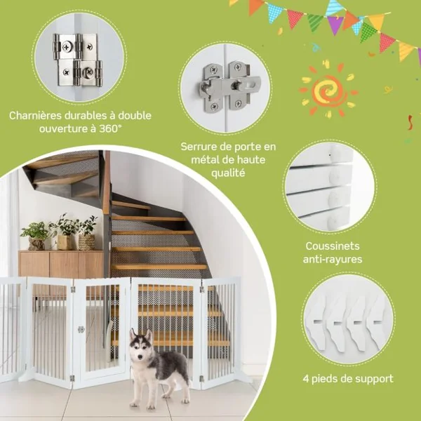 Barrière de Sécurité pour Chien à 6 Panneaux en Acier Inoxydable Parc Pliable de 366CM de Large avec Porte Verrouillable Blanc